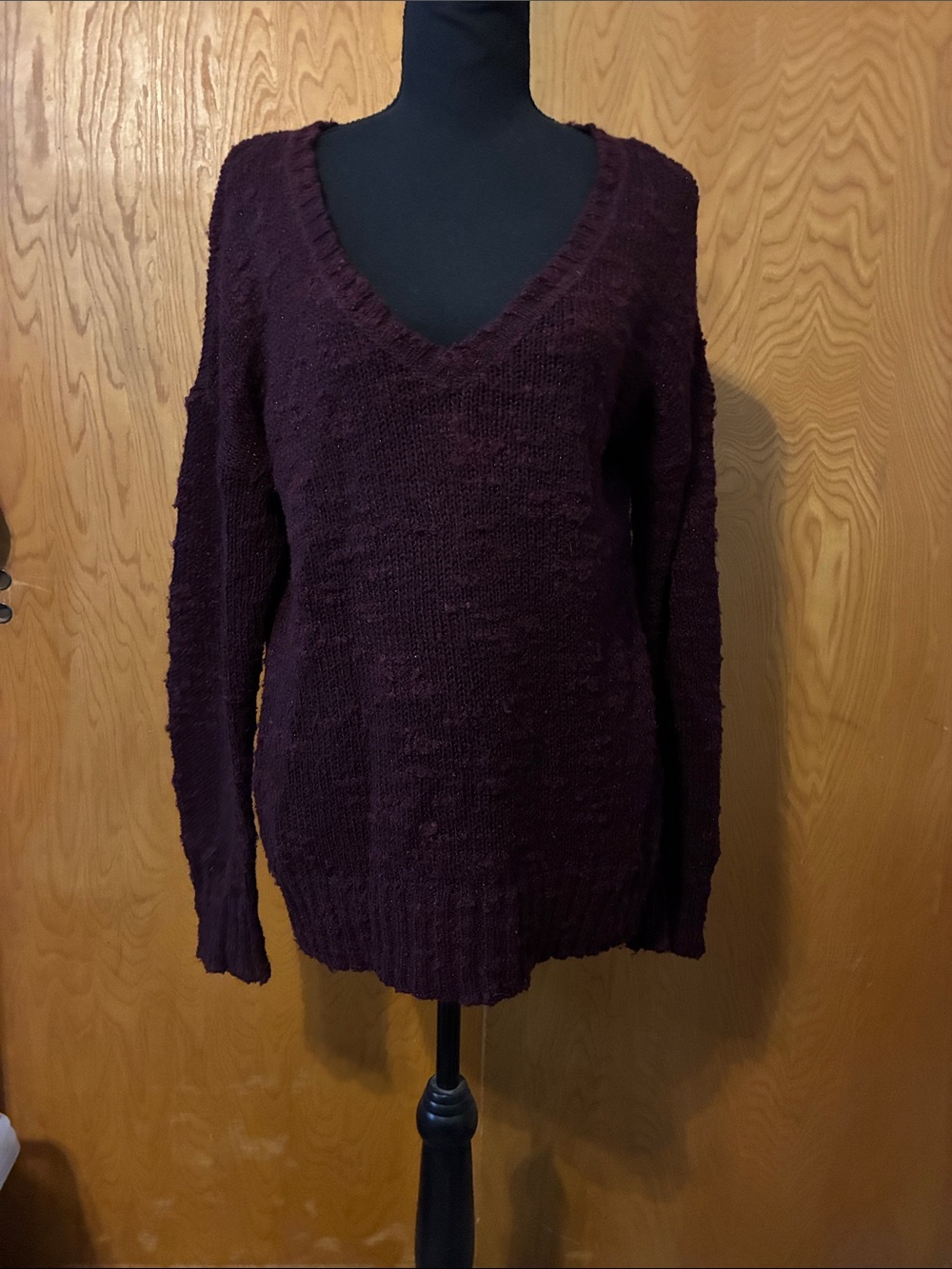 American Eagle Outfitters Deep Plum V-Neck Knit Sweater
